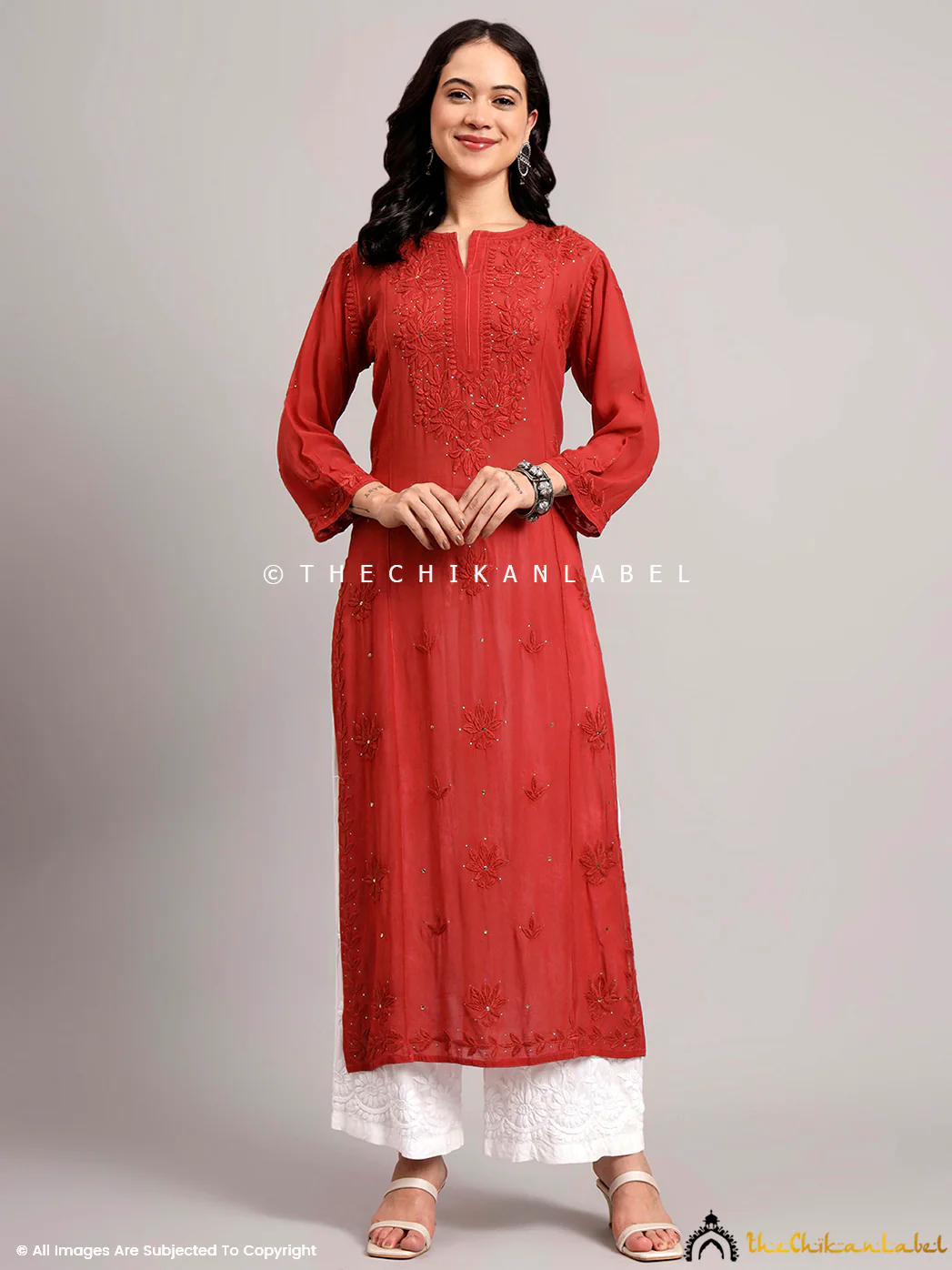 Yamini Viscose Chikankari Straight Kurti - Coral