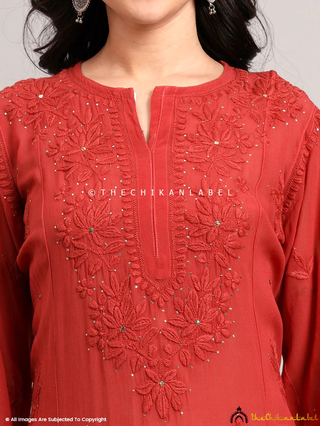 Yamini Viscose Chikankari Straight Kurti - Coral - Image 2