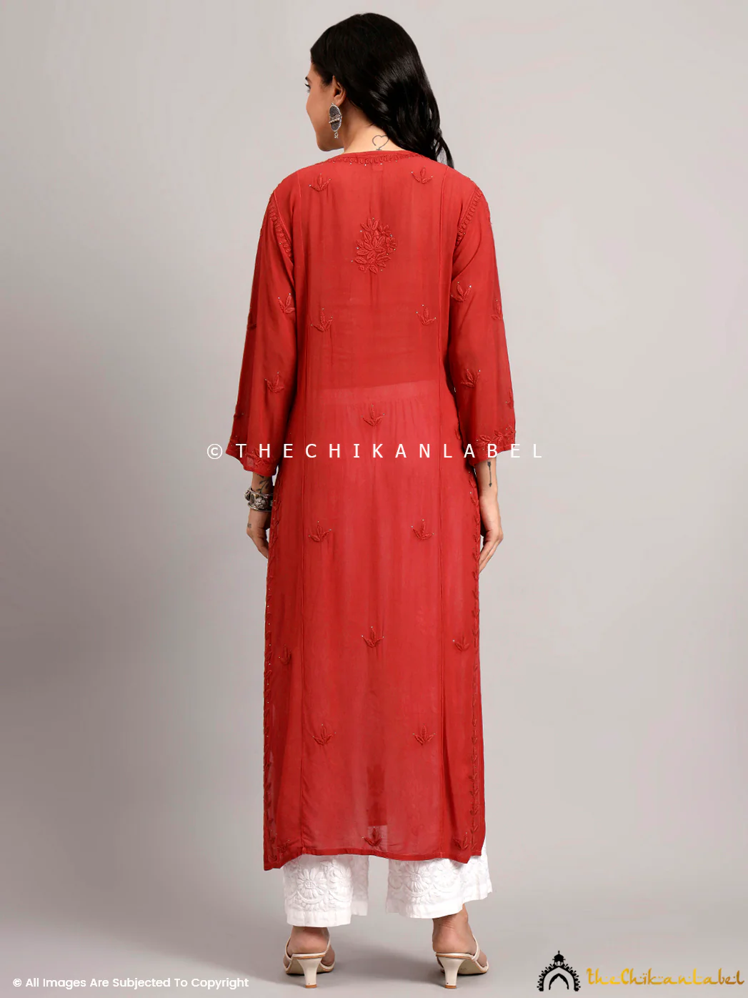 Yamini Viscose Chikankari Straight Kurti - Coral - Image 3