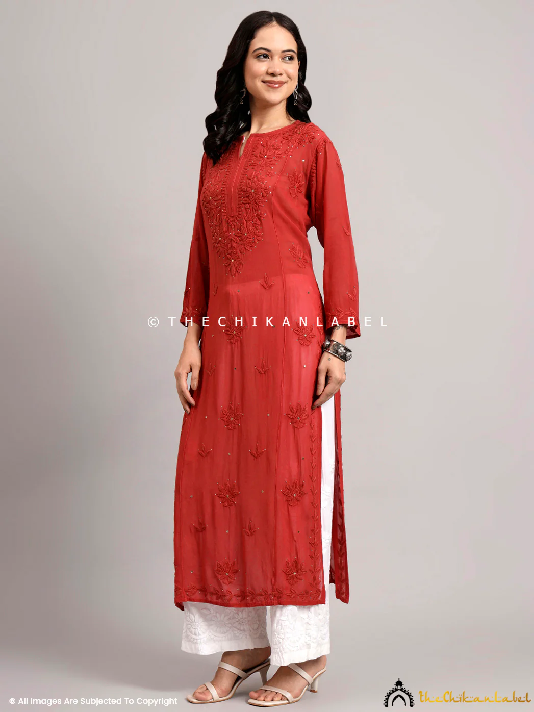 Yamini Viscose Chikankari Straight Kurti - Coral - Image 4