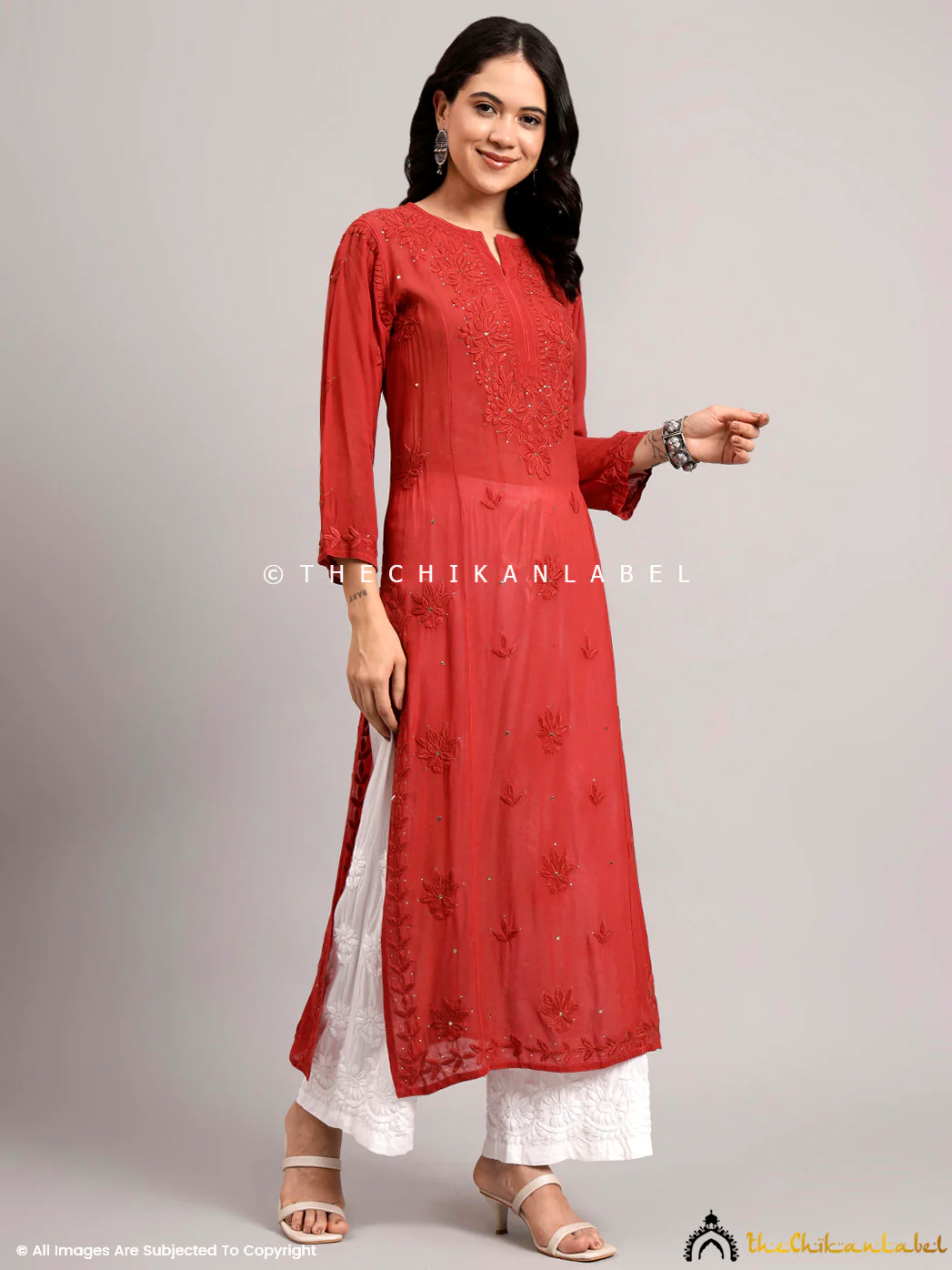 Yamini Viscose Chikankari Straight Kurti - Coral - Image 5