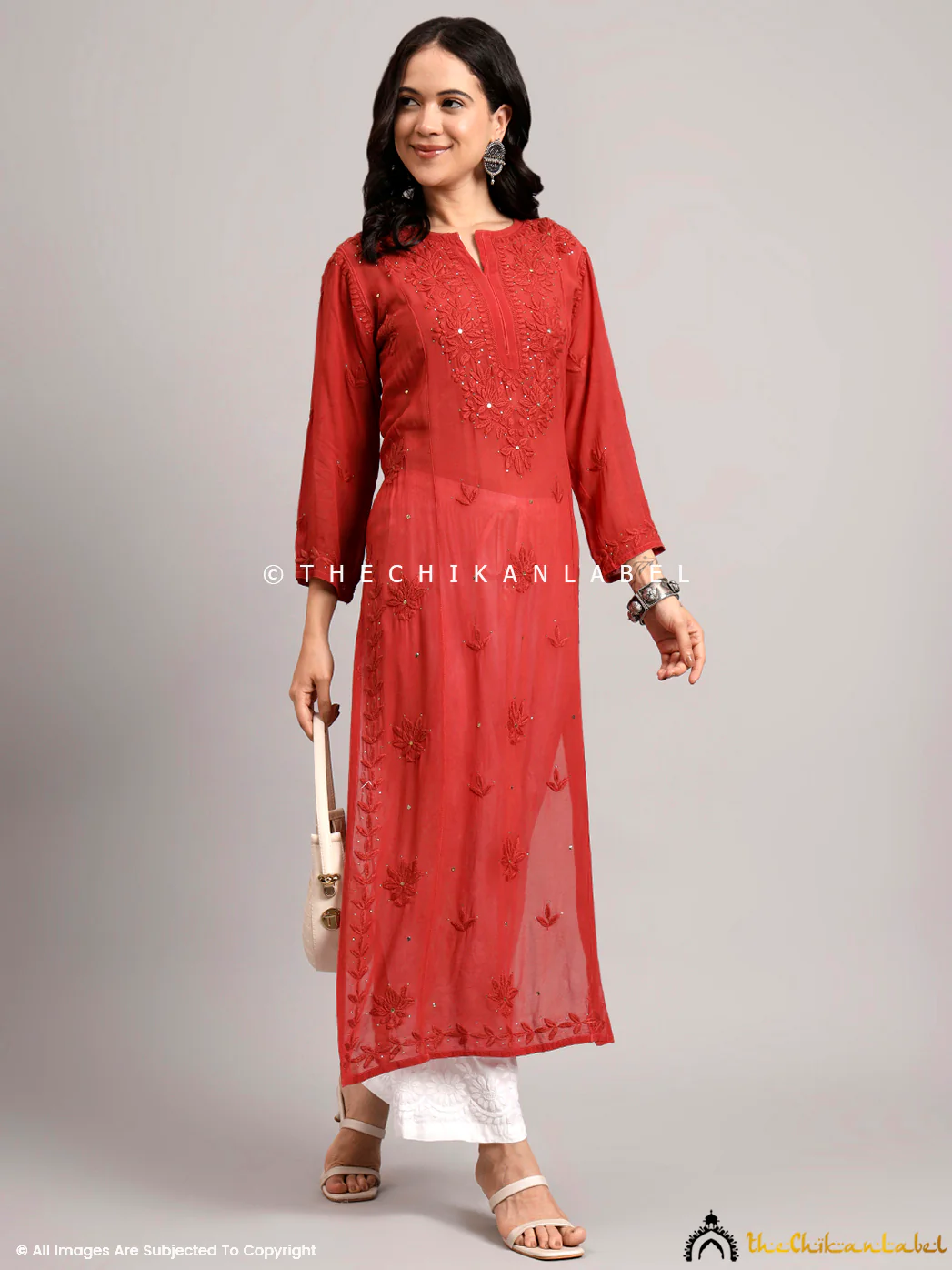 Yamini Viscose Chikankari Straight Kurti - Coral - Image 6