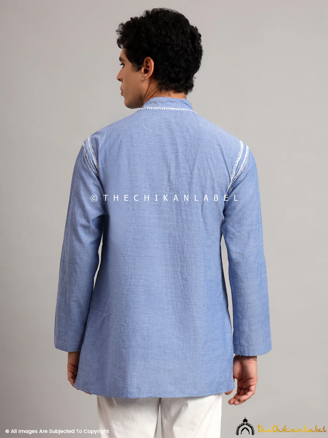 Denim Cotton Mens Kurta Lucknawi Chikankari Handmade - Image 3