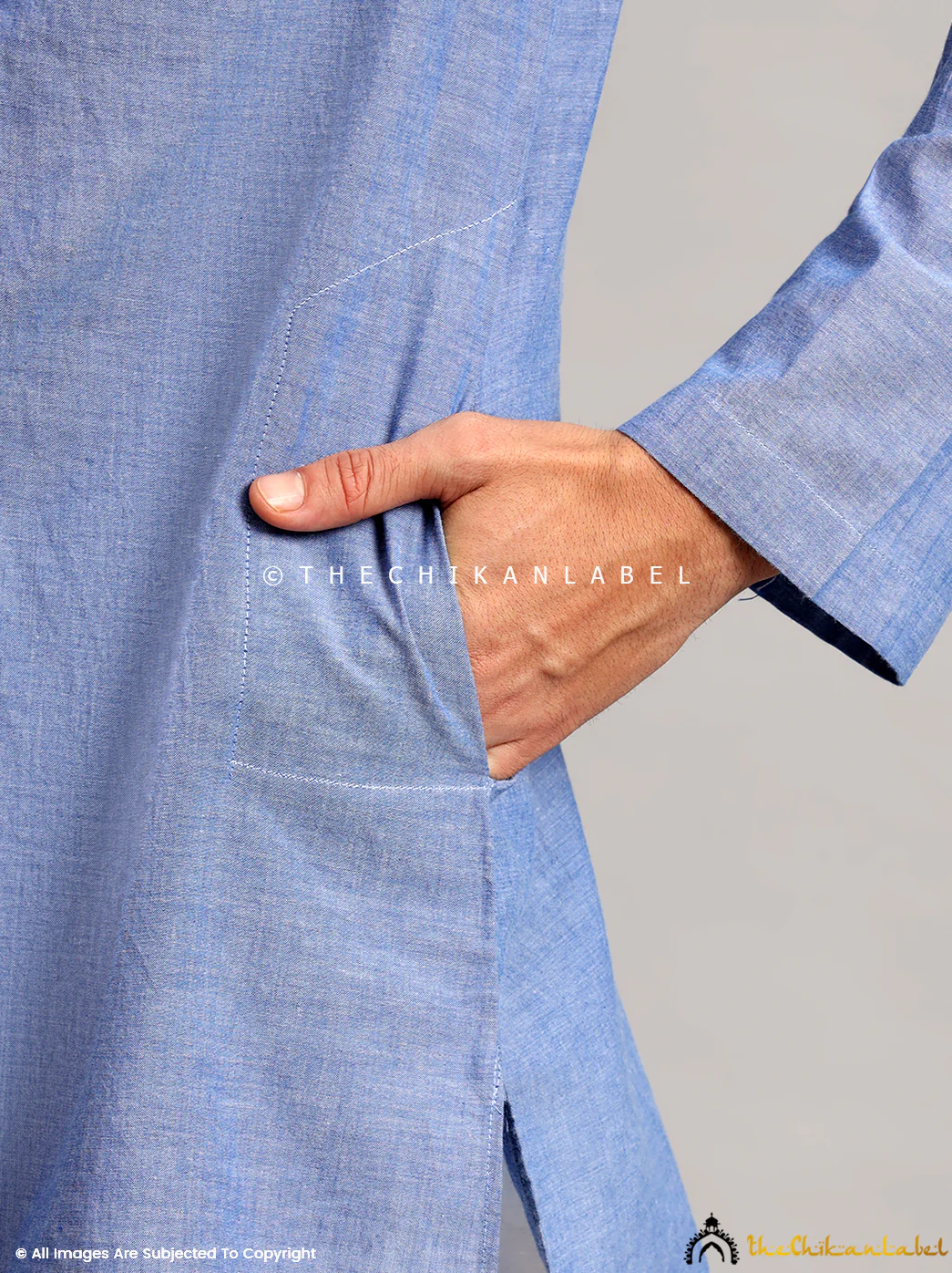 Denim Cotton Mens Kurta Lucknawi Chikankari Handmade - Image 4