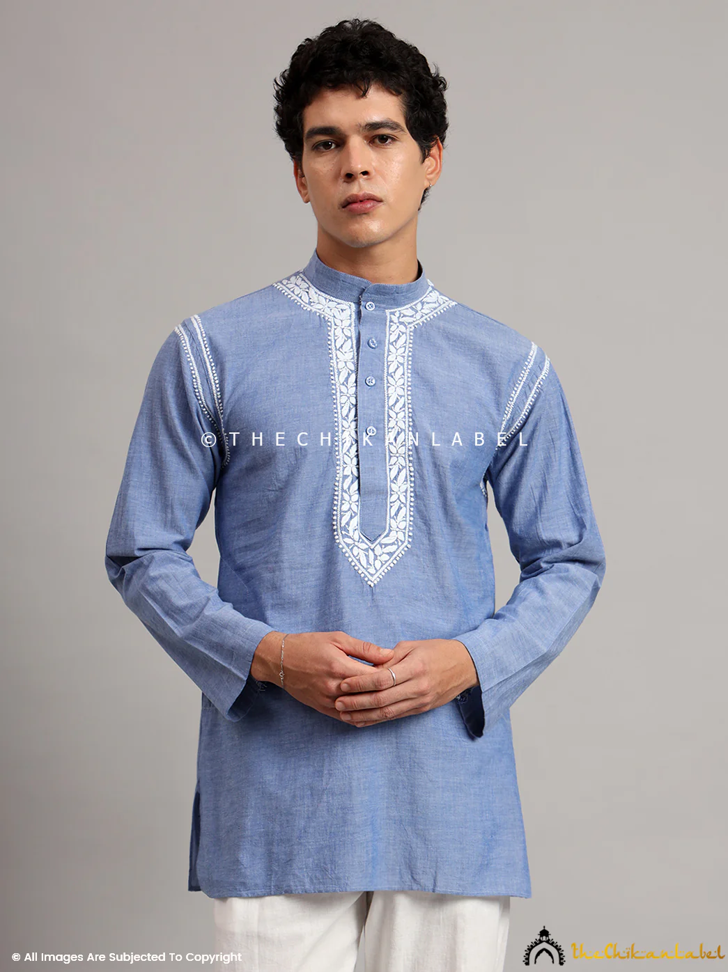 Denim Cotton Mens Kurta Lucknawi Chikankari Handmade - Image 5