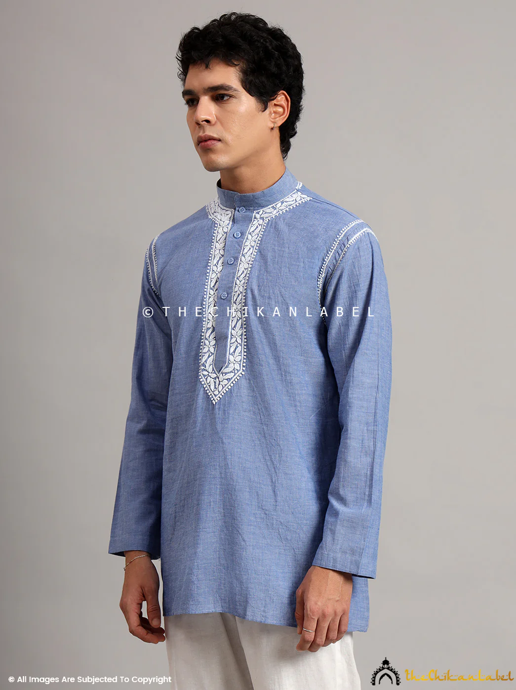 Denim Cotton Mens Kurta Lucknawi Chikankari Handmade - Image 6