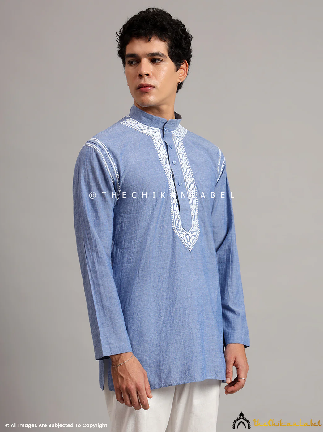 Denim Cotton Mens Kurta Lucknawi Chikankari Handmade - Image 7