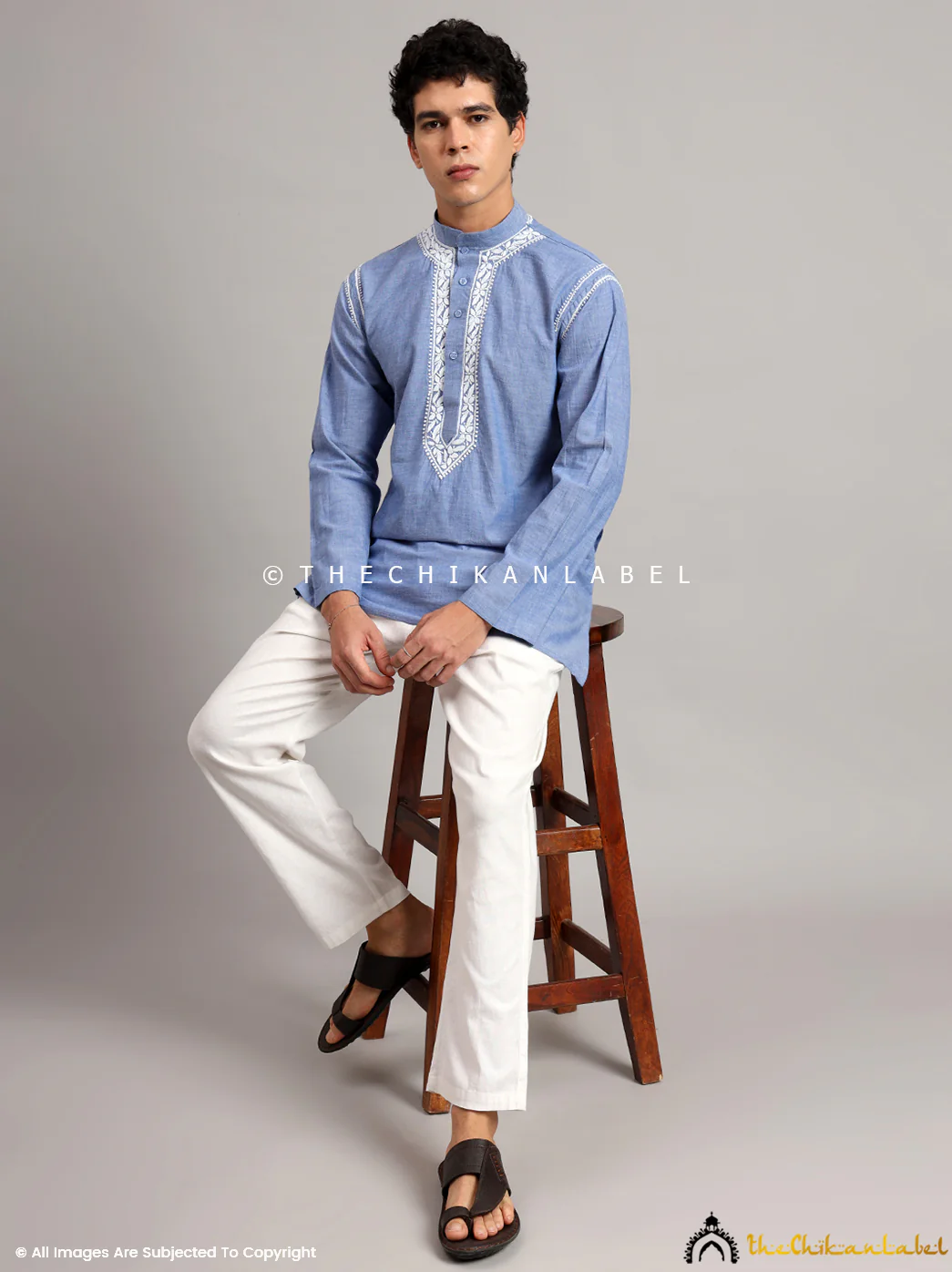 Denim Cotton Mens Kurta Lucknawi Chikankari Handmade - Image 8