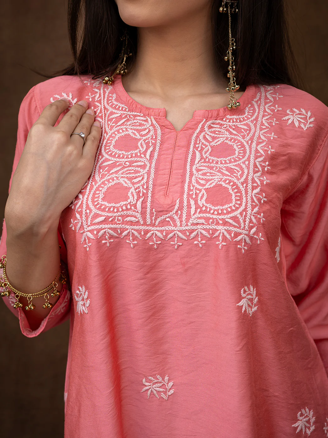 Dhanvi Chanderi Chikankari Kurta Farshi Salwar Set - Coral - Image 2