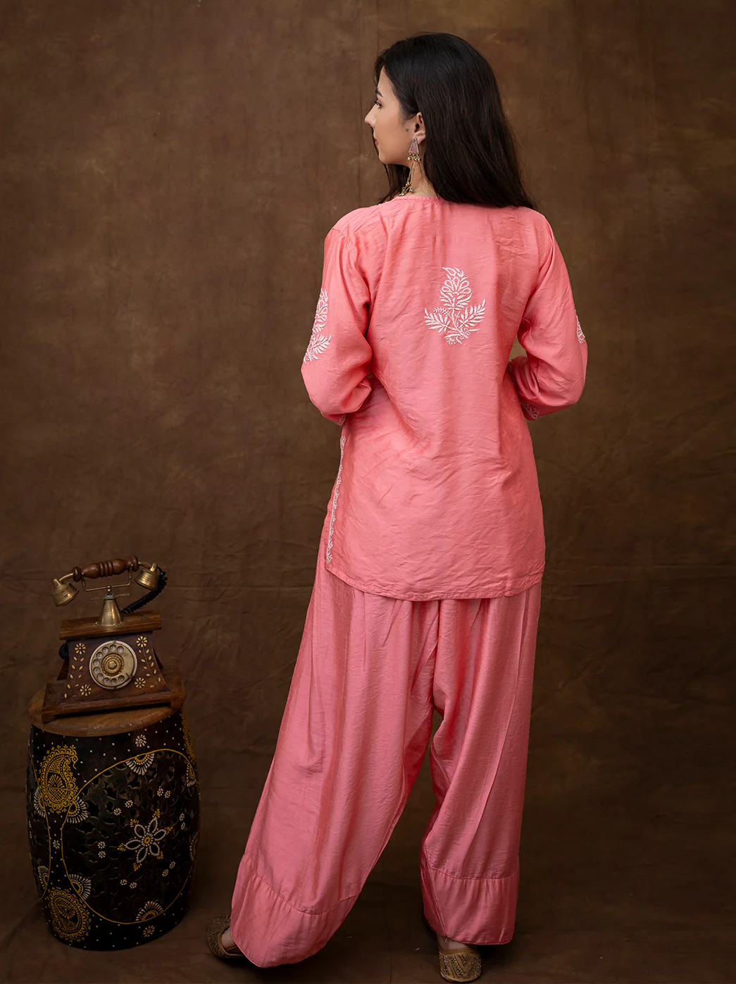 Dhanvi Chanderi Chikankari Kurta Farshi Salwar Set - Coral - Image 3