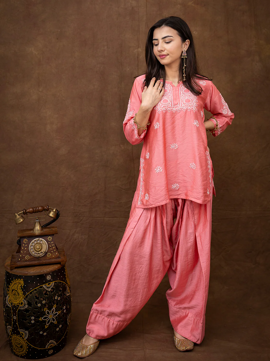 Dhanvi Chanderi Chikankari Kurta Farshi Salwar Set - Coral - Image 4