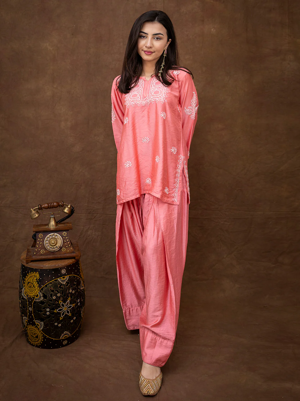 Dhanvi Chanderi Chikankari Kurta Farshi Salwar Set - Coral - Image 5