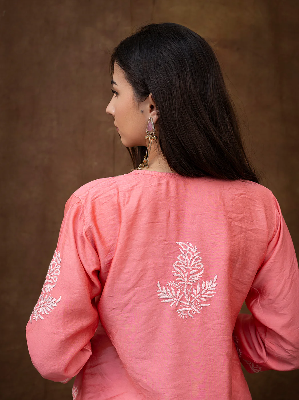 Dhanvi Chanderi Chikankari Kurta Farshi Salwar Set - Coral - Image 6
