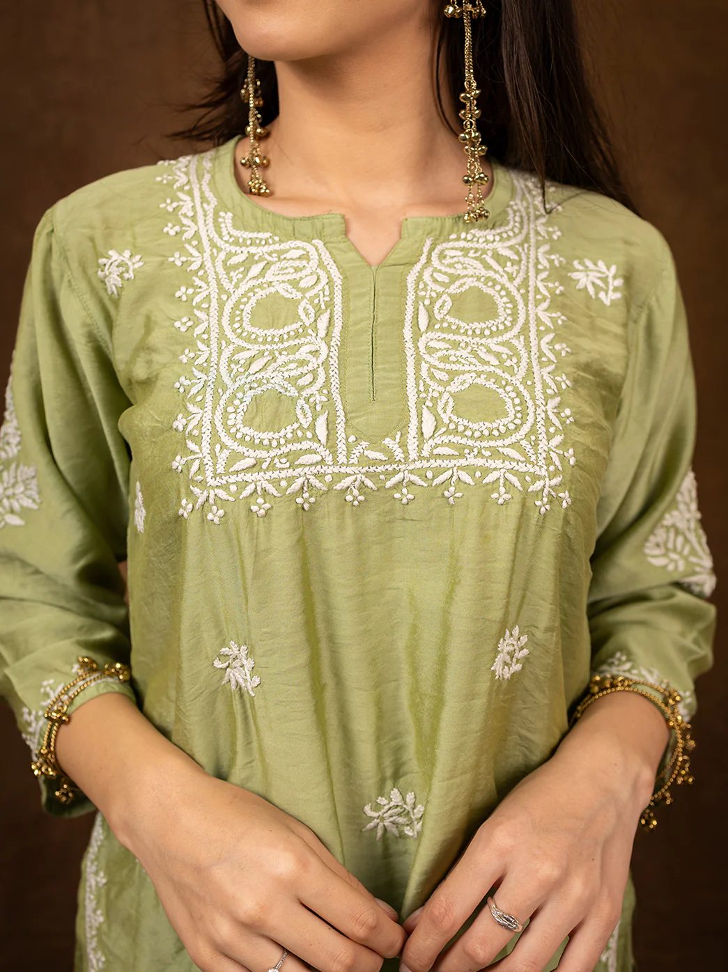 Dhanvi Chanderi Chikankari Kurta Farshi Salwar Set - Pista Green - Image 2