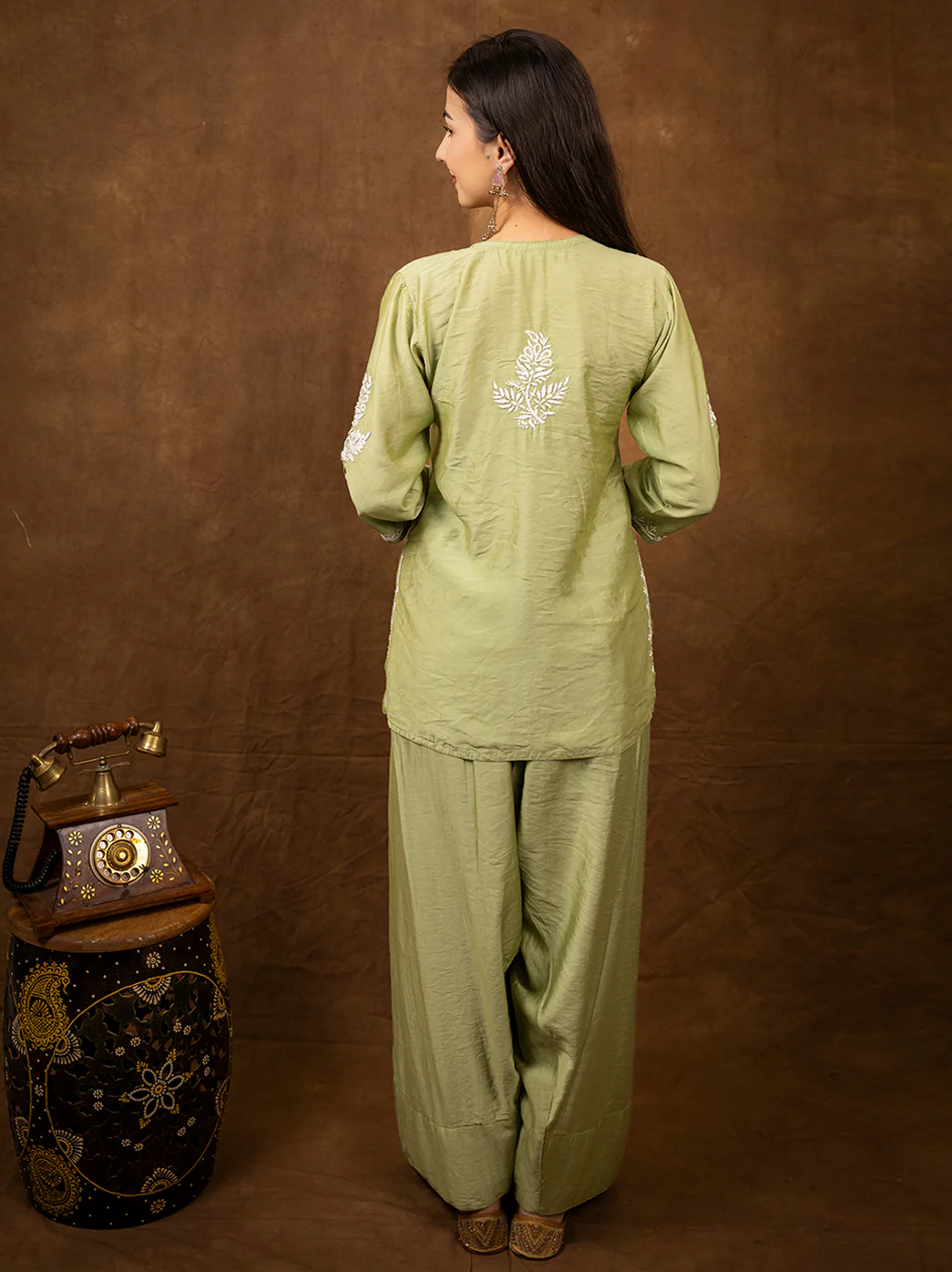 Dhanvi Chanderi Chikankari Kurta Farshi Salwar Set - Pista Green - Image 3