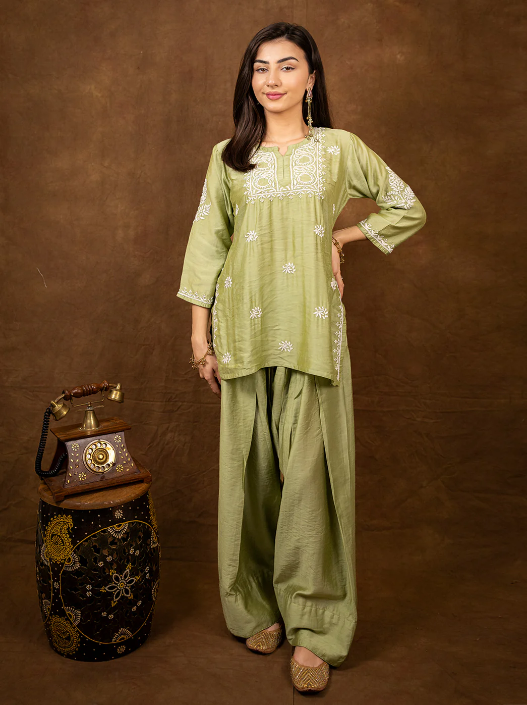 Dhanvi Chanderi Chikankari Kurta Farshi Salwar Set - Pista Green - Image 4