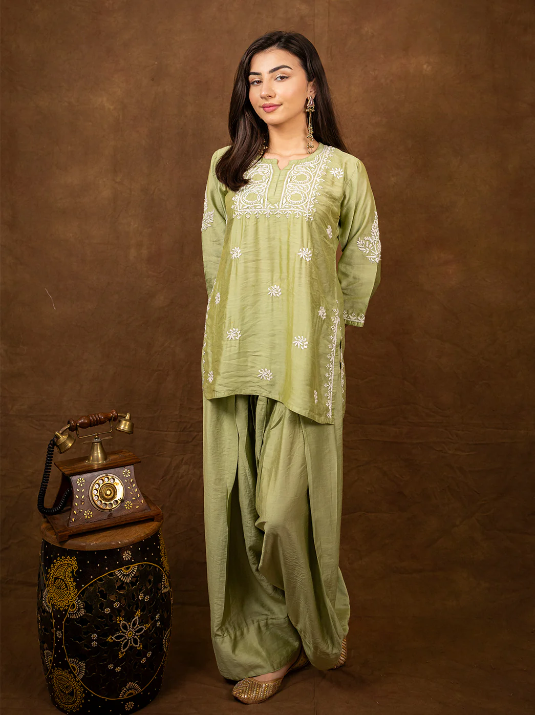Dhanvi Chanderi Chikankari Kurta Farshi Salwar Set - Pista Green - Image 5