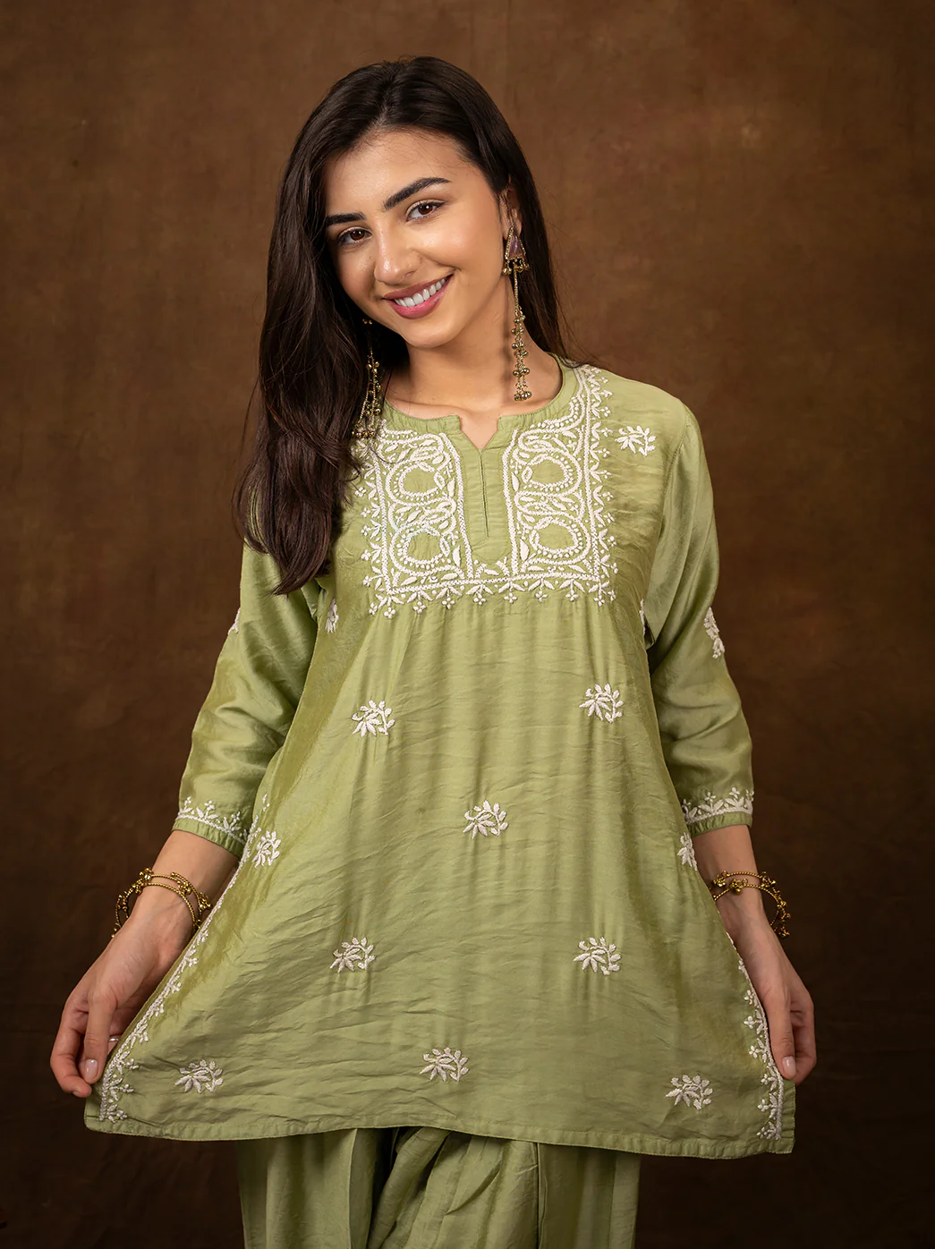 Dhanvi Chanderi Chikankari Kurta Farshi Salwar Set - Pista Green - Image 6