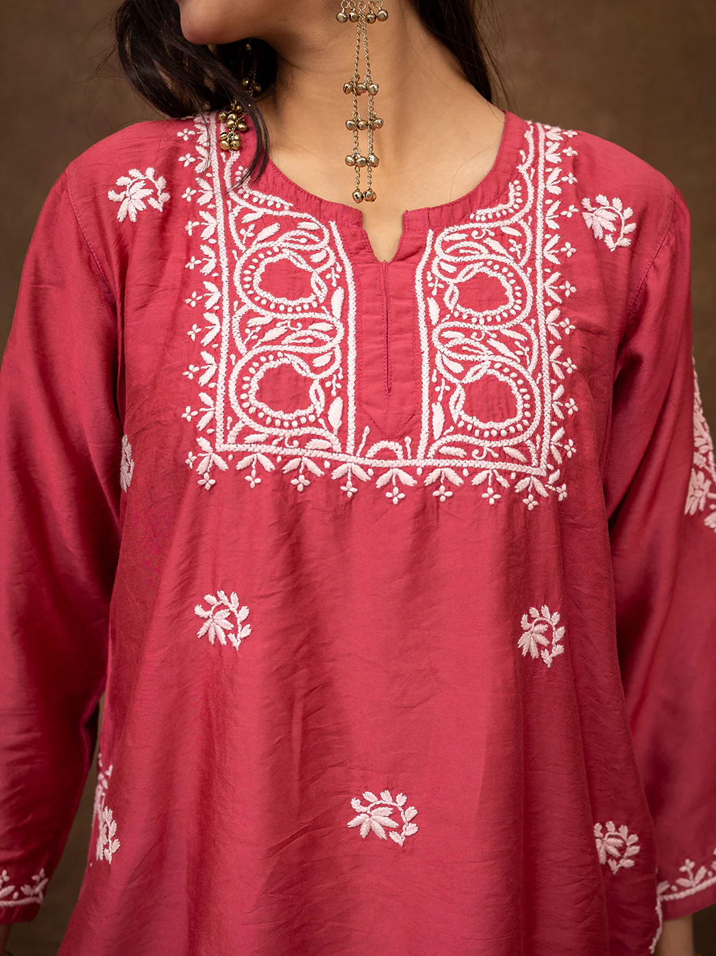 Dhanvi Chanderi Chikankari Kurta Farshi Salwar Set - Rani Pink - Image 2