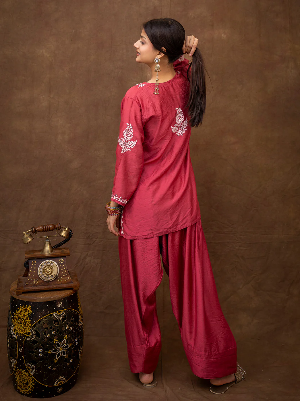 Dhanvi Chanderi Chikankari Kurta Farshi Salwar Set - Rani Pink - Image 3
