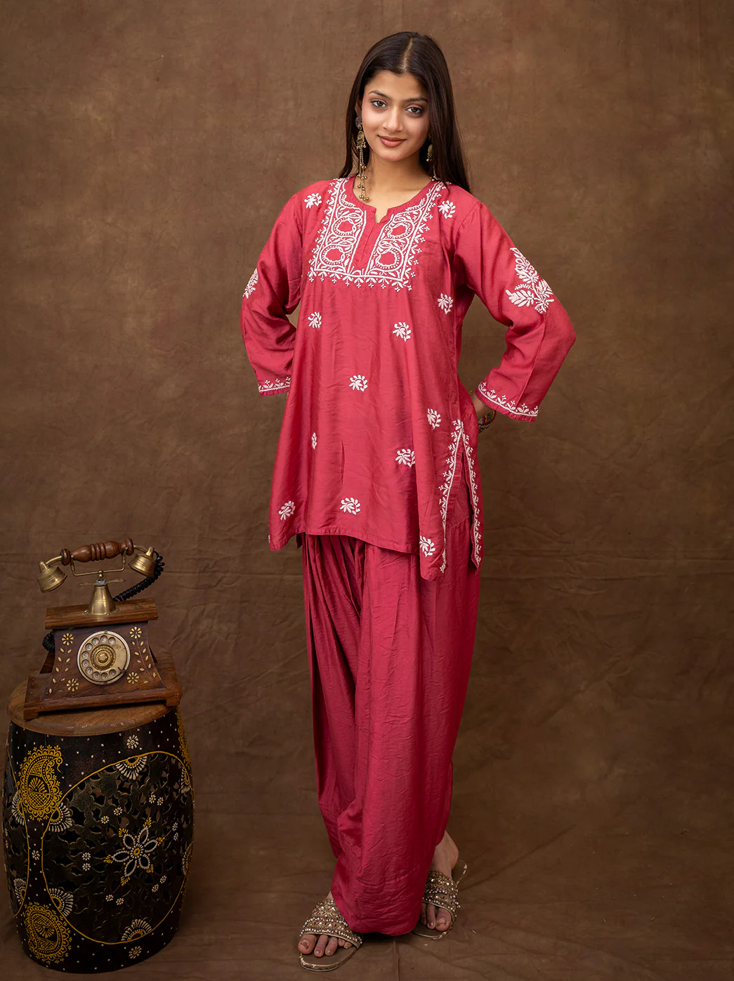 Dhanvi Chanderi Chikankari Kurta Farshi Salwar Set - Rani Pink - Image 4