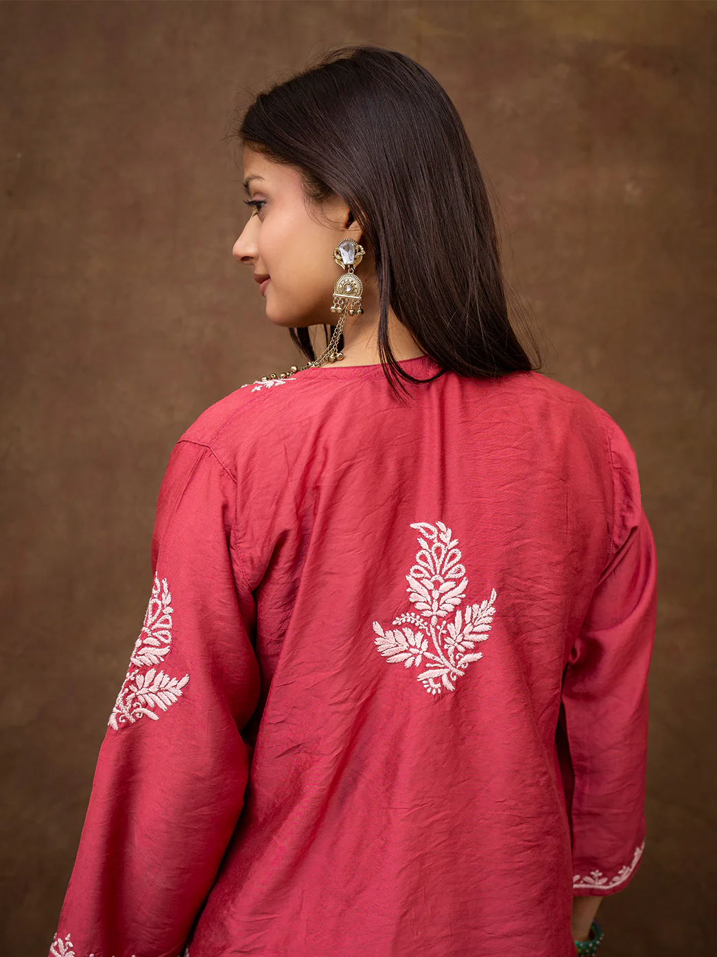 Dhanvi Chanderi Chikankari Kurta Farshi Salwar Set - Rani Pink - Image 5