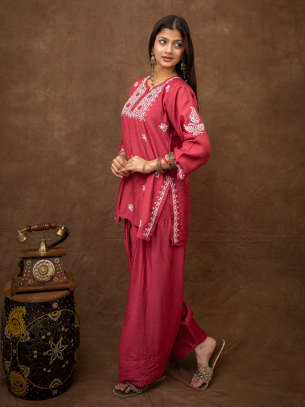 Dhanvi Chanderi Chikankari Kurta Farshi Salwar Set - Rani Pink - Image 6