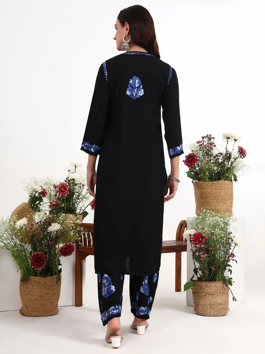 Ekisha Rayon Chikankari Kurti Palazzo Set - Blue - Image 3