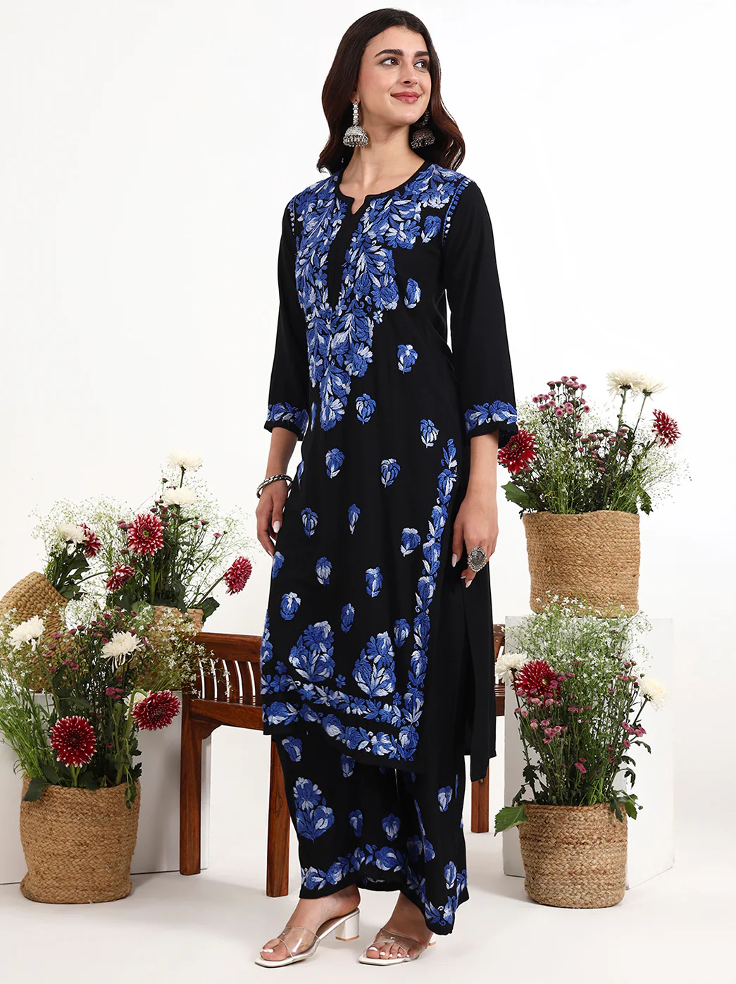 Ekisha Rayon Chikankari Kurti Palazzo Set - Blue - Image 4