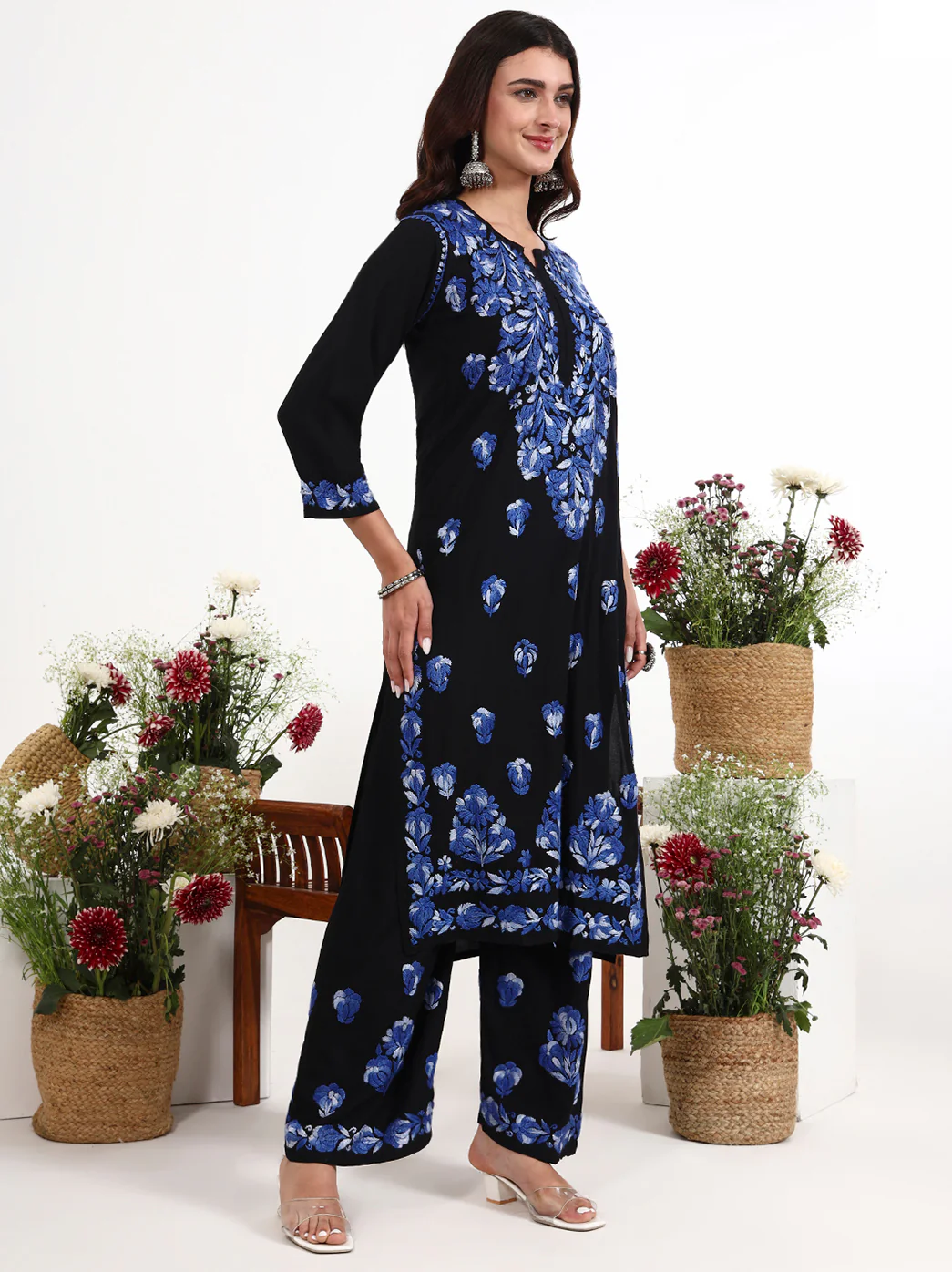 Ekisha Rayon Chikankari Kurti Palazzo Set - Blue - Image 5