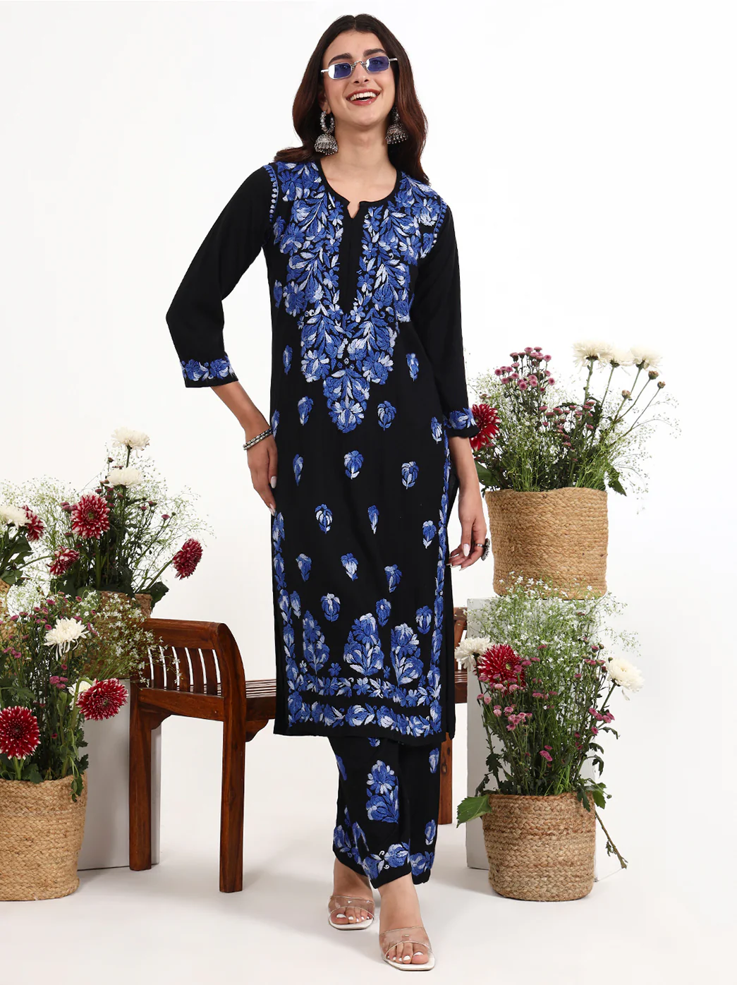 Ekisha Rayon Chikankari Kurti Palazzo Set - Blue - Image 6