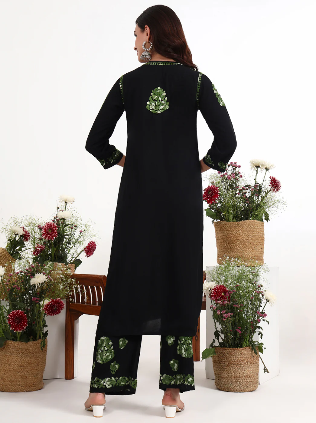Ekisha Rayon Chikankari Kurti Palazzo Set - Green - Image 3