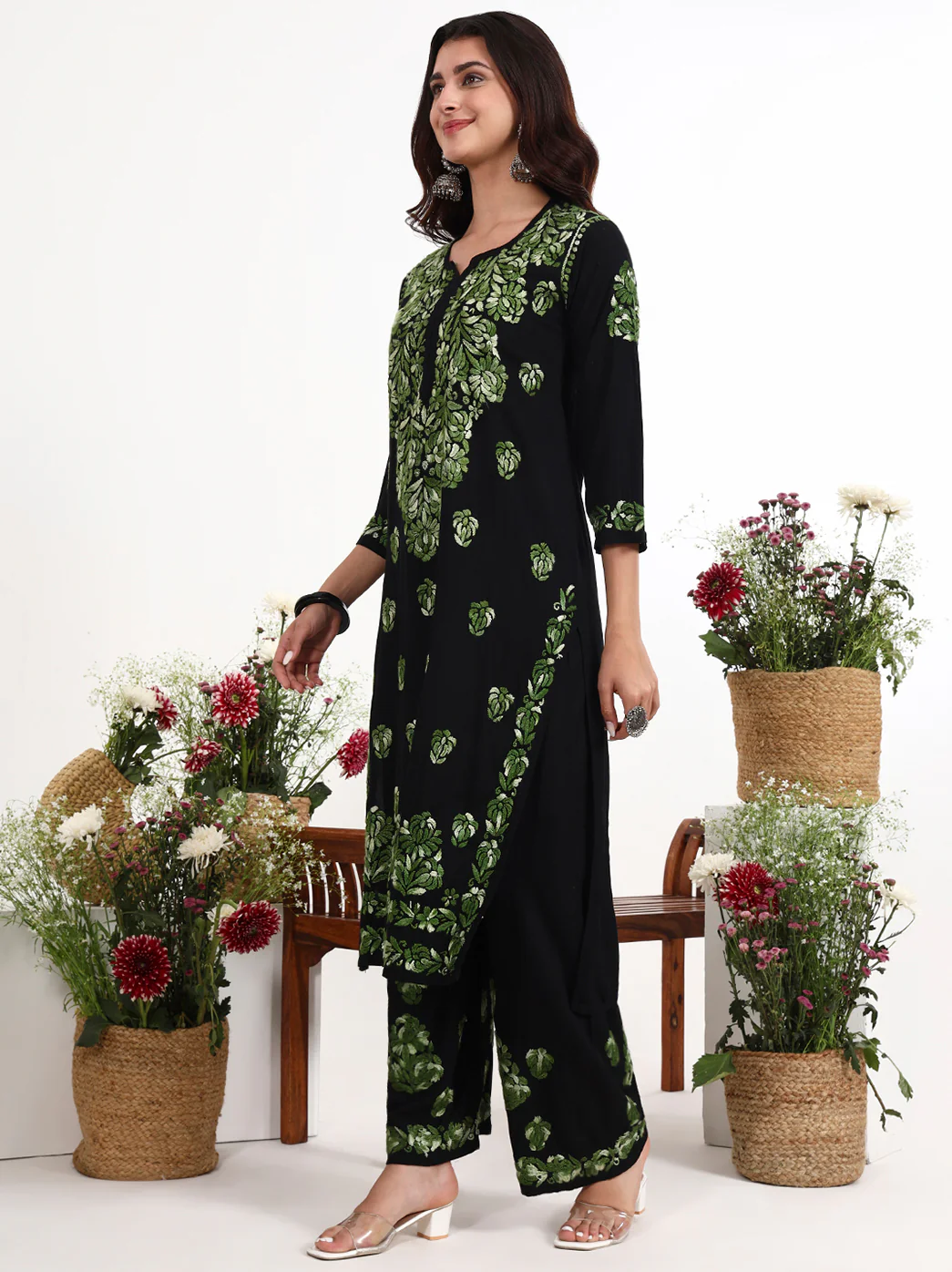 Ekisha Rayon Chikankari Kurti Palazzo Set - Green - Image 4