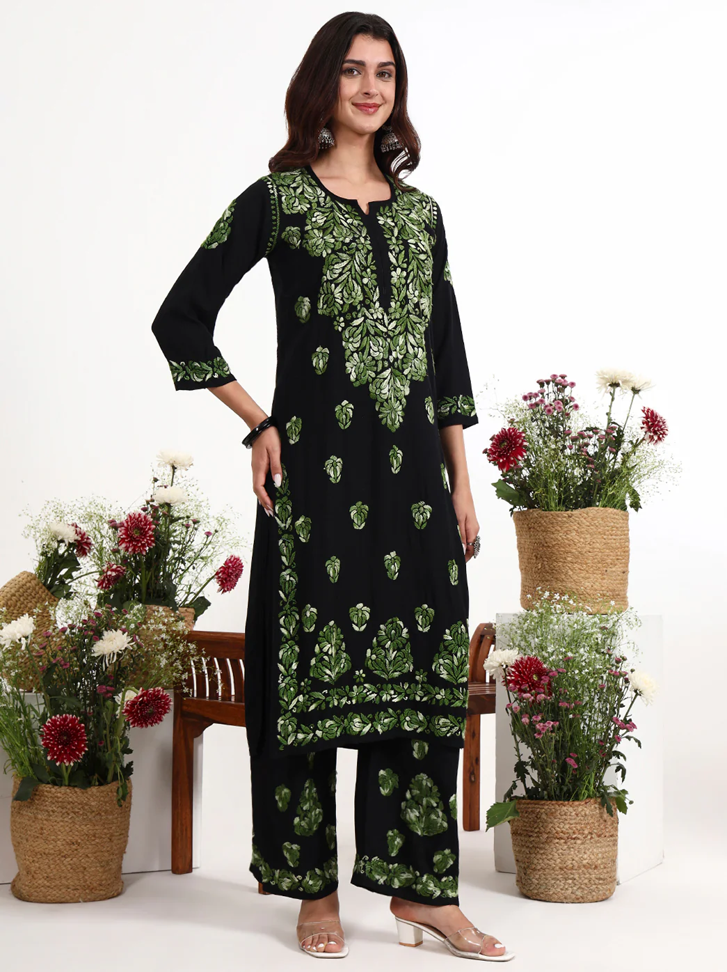 Ekisha Rayon Chikankari Kurti Palazzo Set - Green - Image 5
