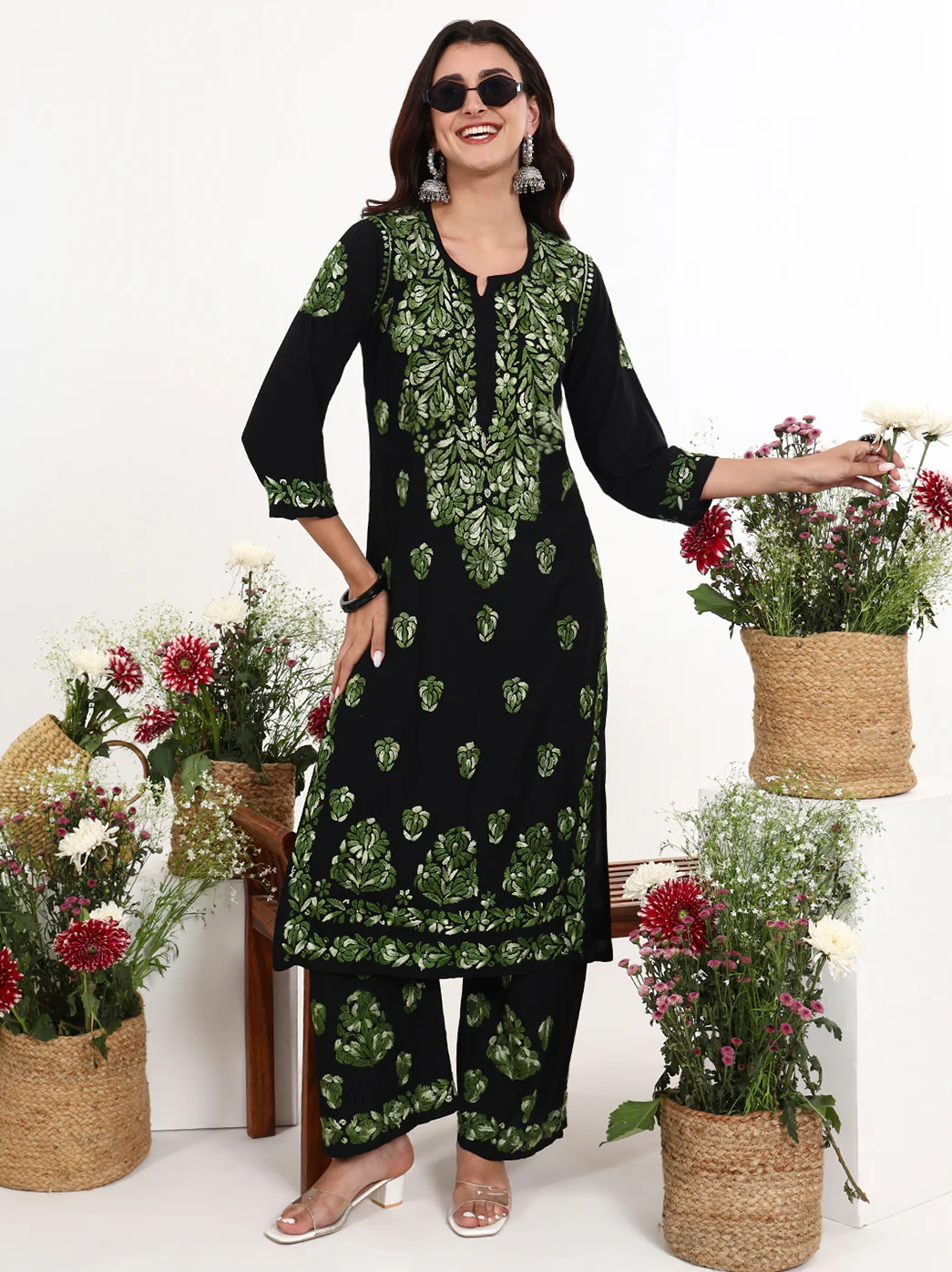 Ekisha Rayon Chikankari Kurti Palazzo Set - Green - Image 6