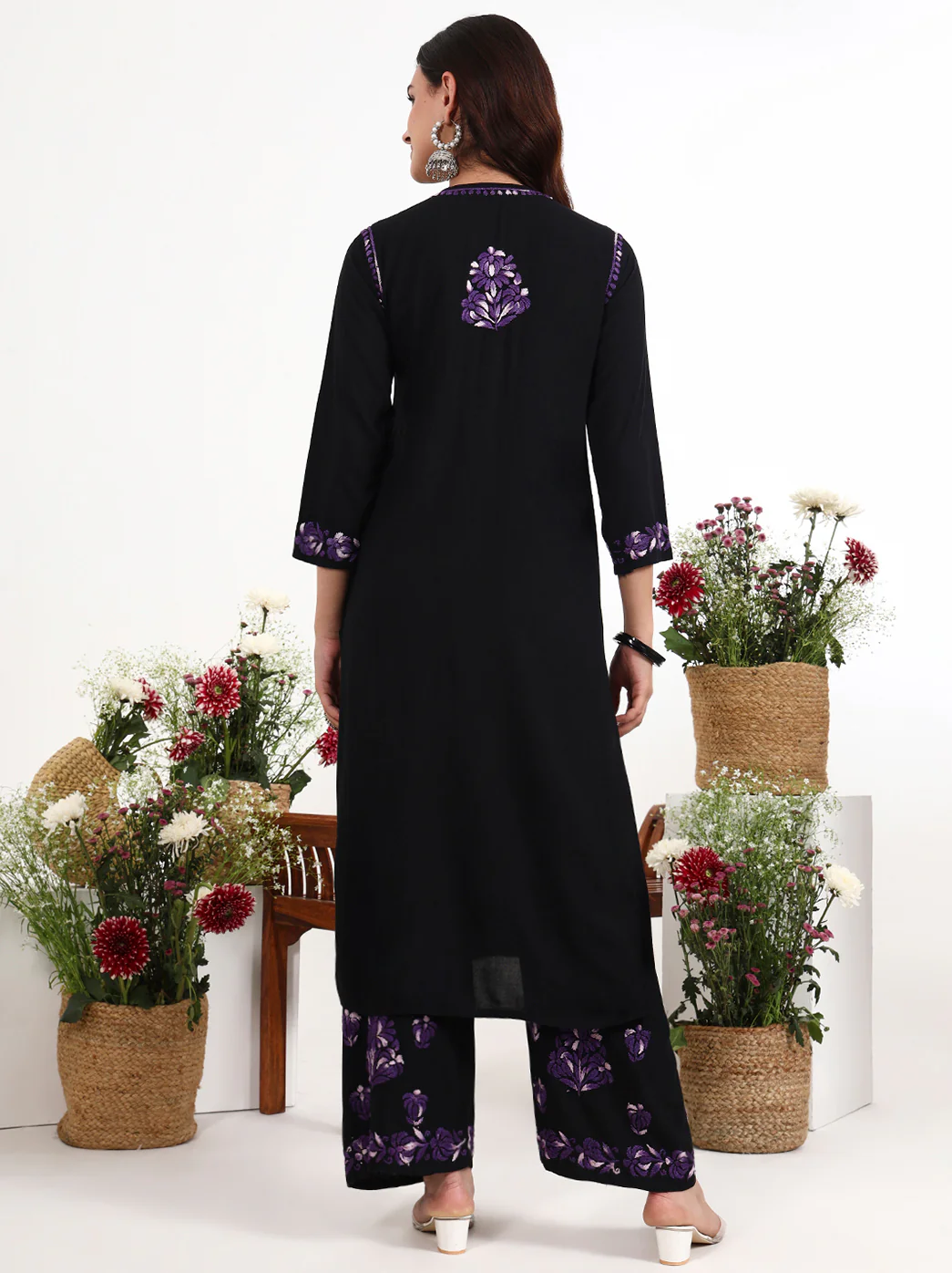 Ekisha Rayon Chikankari Kurti Palazzo Set - Purple - Image 3