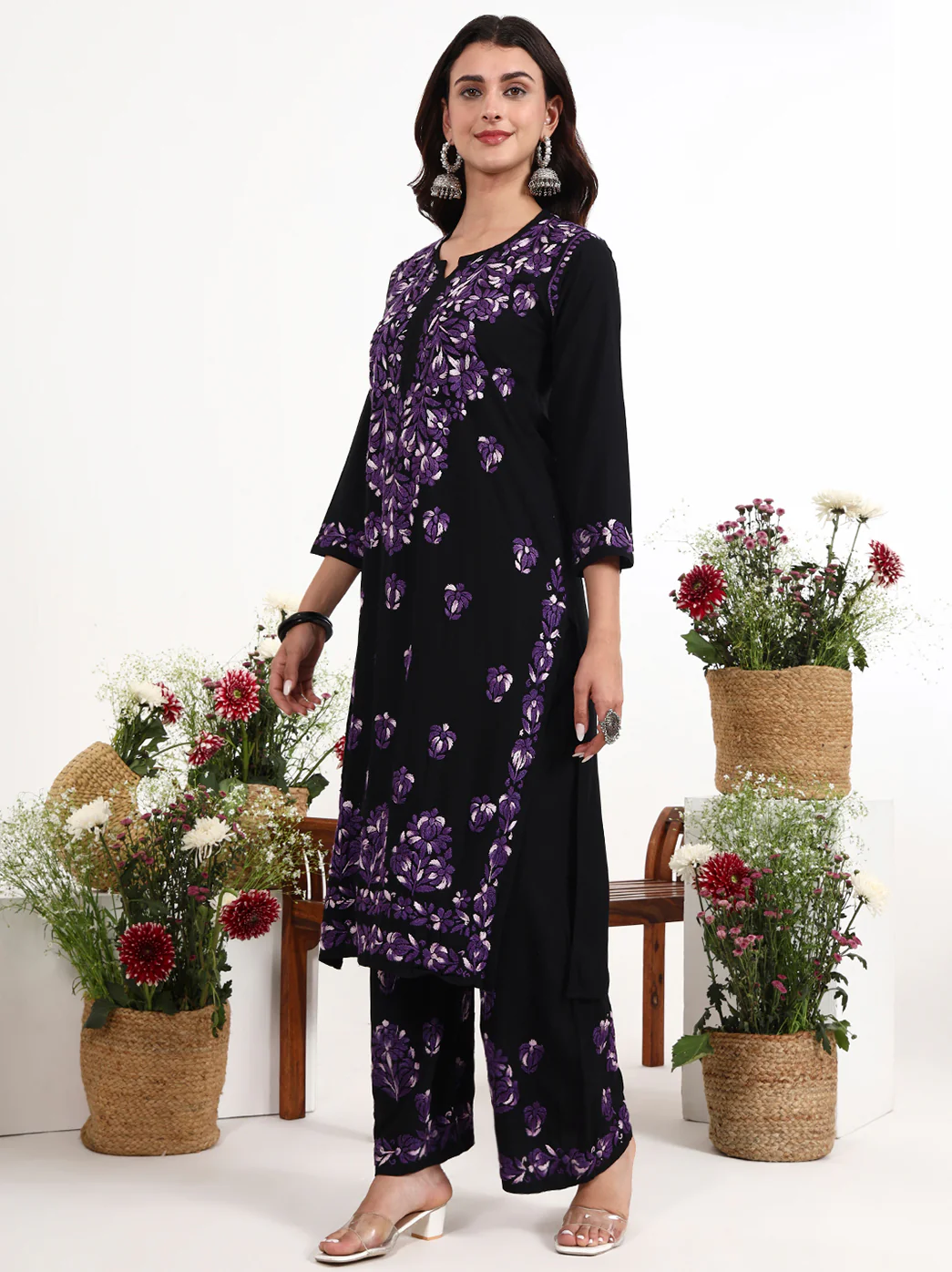 Ekisha Rayon Chikankari Kurti Palazzo Set - Purple - Image 4
