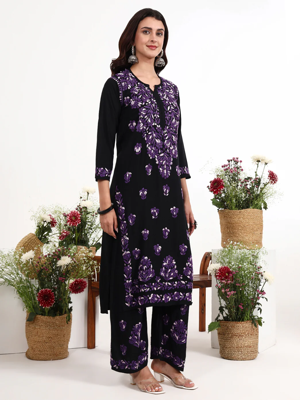 Ekisha Rayon Chikankari Kurti Palazzo Set - Purple - Image 5