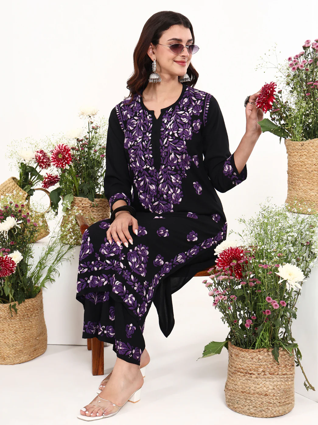 Ekisha Rayon Chikankari Kurti Palazzo Set - Purple - Image 6