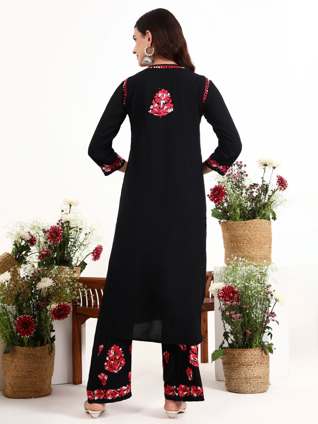 Ekisha Rayon Chikankari Kurti Palazzo Set - Red - Image 3