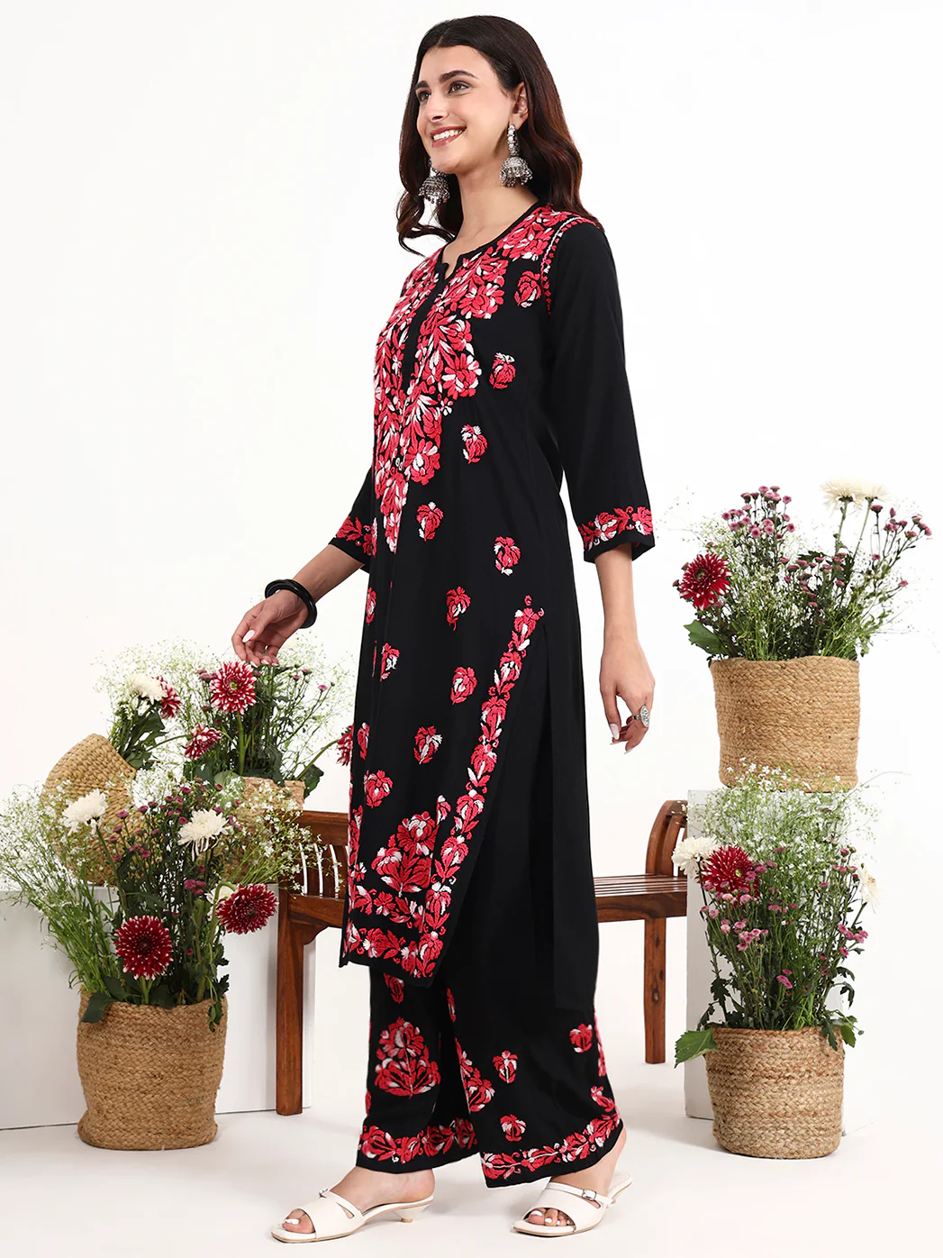 Ekisha Rayon Chikankari Kurti Palazzo Set - Red - Image 4