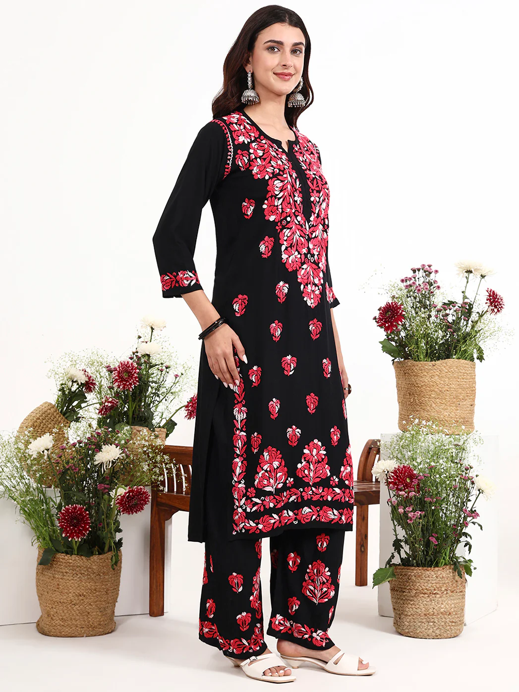 Ekisha Rayon Chikankari Kurti Palazzo Set - Red - Image 5