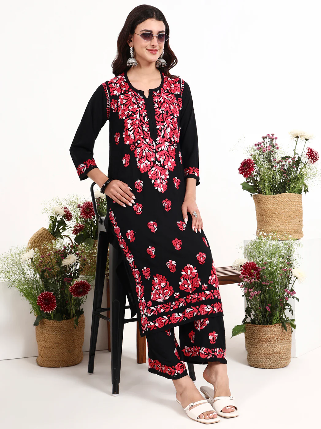 Ekisha Rayon Chikankari Kurti Palazzo Set - Red - Image 6