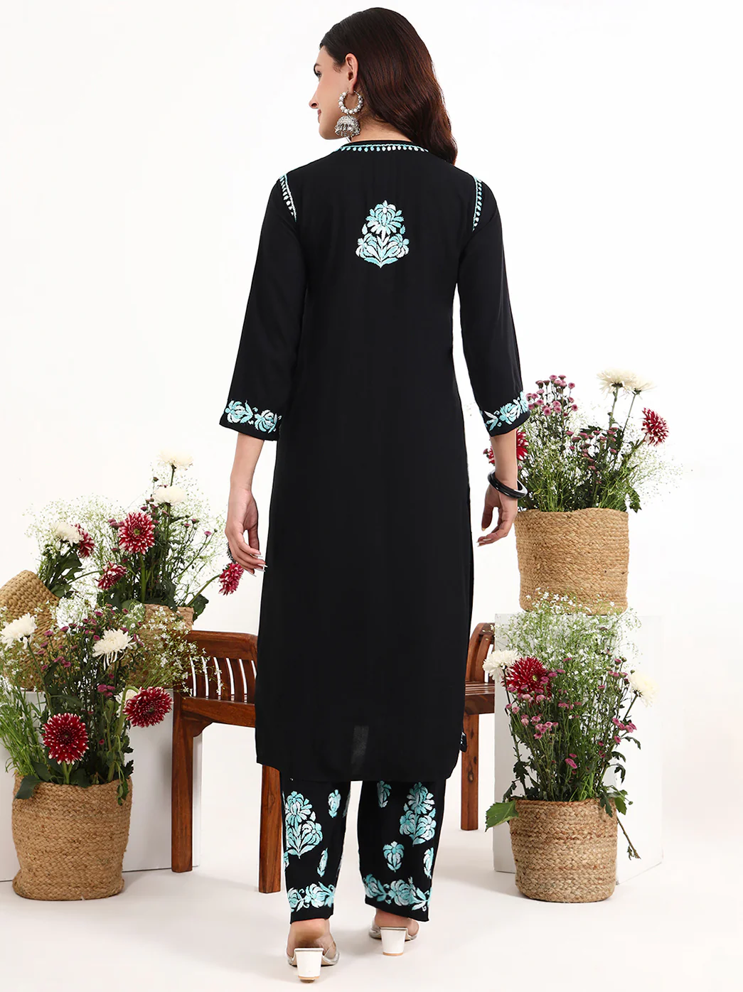 Ekisha Rayon Chikankari Kurti Palazzo Set - Sea Green - Image 3