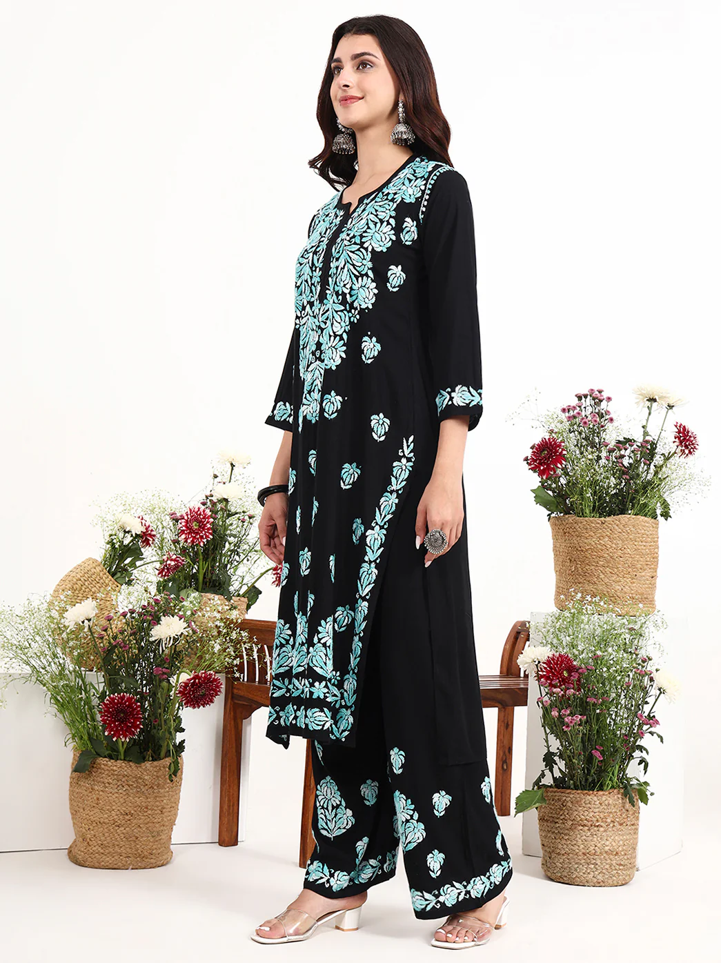 Ekisha Rayon Chikankari Kurti Palazzo Set - Sea Green - Image 4