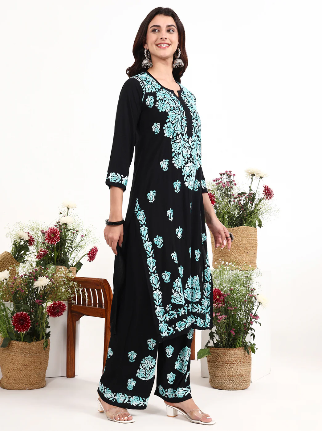 Ekisha Rayon Chikankari Kurti Palazzo Set - Sea Green - Image 5
