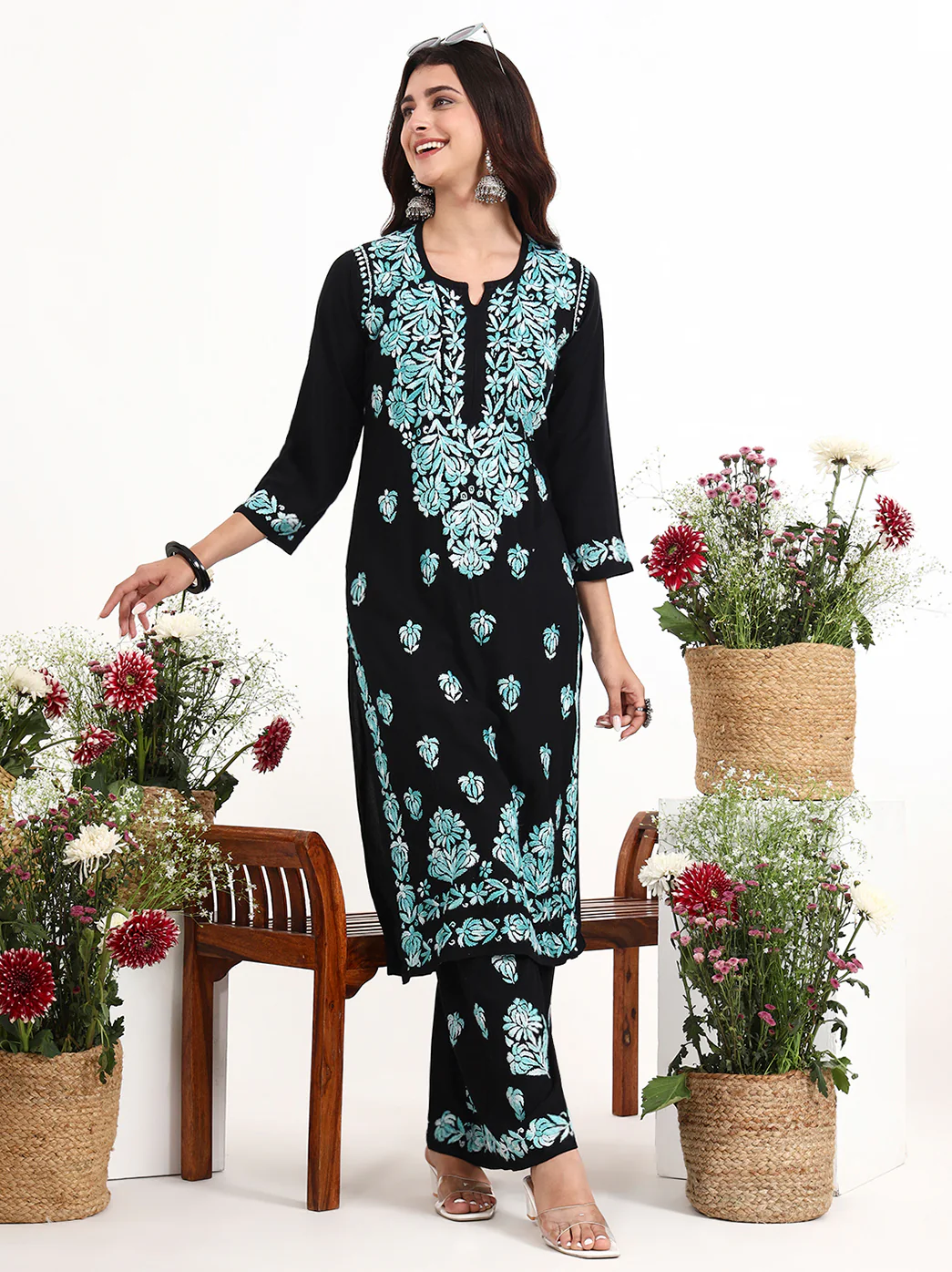 Ekisha Rayon Chikankari Kurti Palazzo Set - Sea Green - Image 6