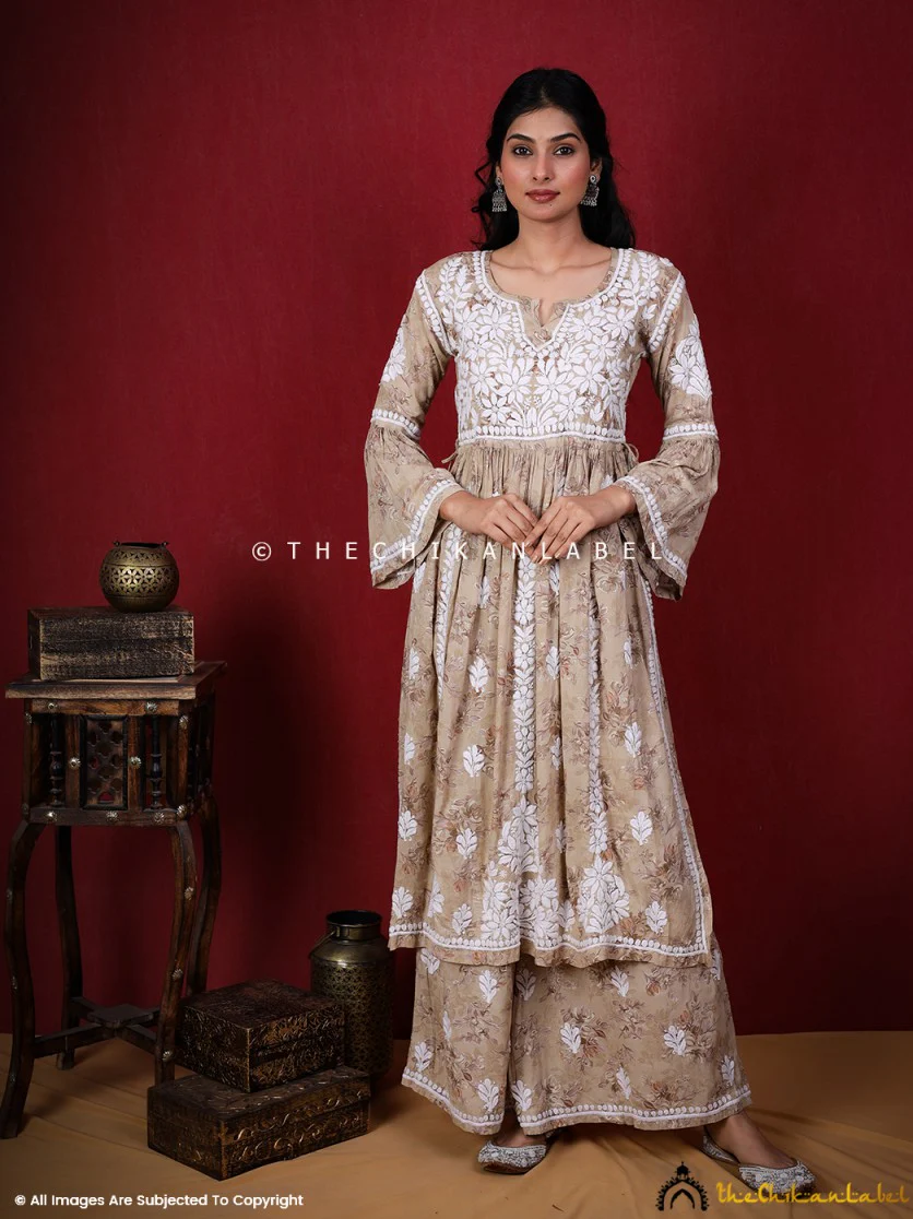 Eliza Modal Chikankari Kurta Set-Beige - Image 5