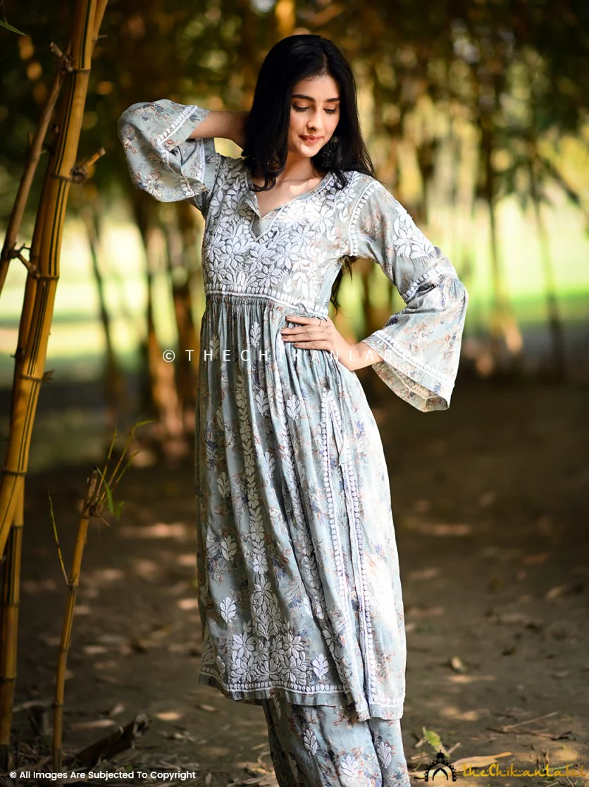Eliza Modal Chikankari Kurta Set-Green - Image 10
