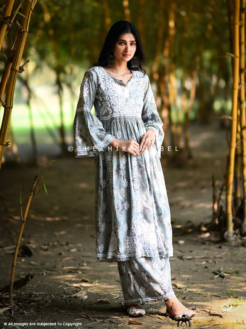 Eliza Modal Chikankari Kurta Set-Green - Image 5